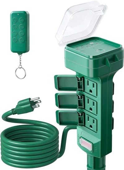 Timermatic Outdoor Power Taper Timer étanche, télécommande sans fil de 100 pieds, Dusk to Dawn Timer, 6 prises de bouchons mis à la terre, rallonge de 6 pieds, pour les lumières de Noël, jardin, lumières de patio